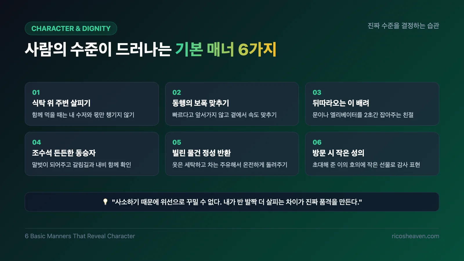 사람의 수준이 드러나는 기본 매너 6가지 총정리 인포그래픽 슬라이드