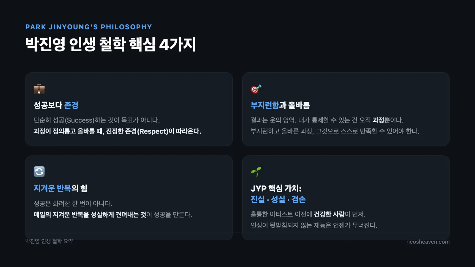 박진영 인생 철학 핵심 4가지 — 성공보다 존경, 부지런함과 올바름, 지겨운 반복, JYP 핵심 가치