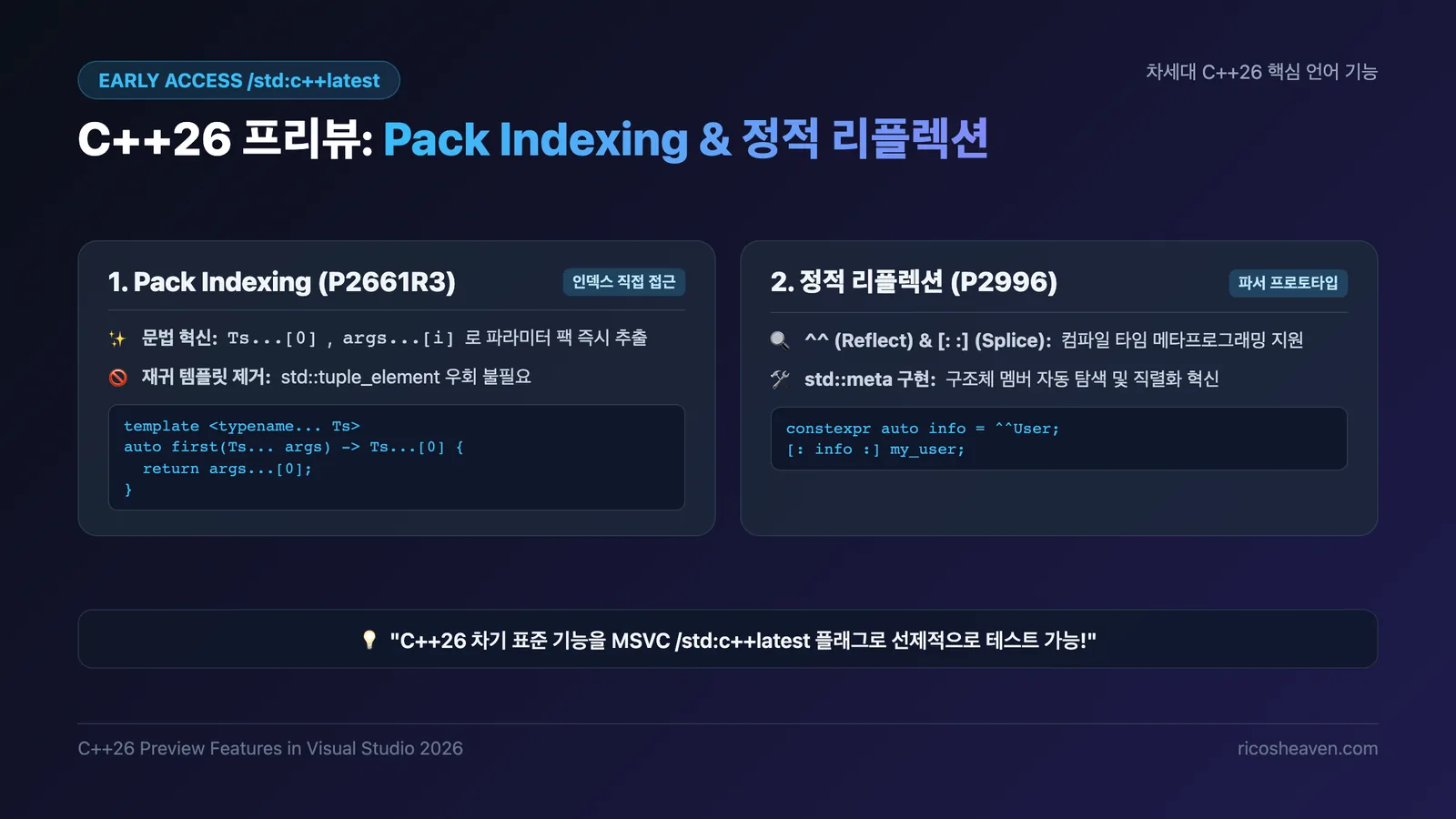C++26 프리뷰 얼리액세스: 팩 인덱싱(Pack Indexing)과 정적 리플렉션