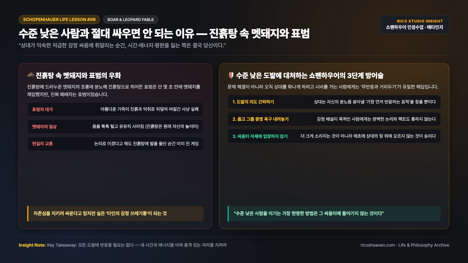 [쇼펜하우어 인생수업] 수준 낮은 사람과 절대 싸우면 안 되는 이유 — 진흙탕 속 멧돼지와 표범의 우화