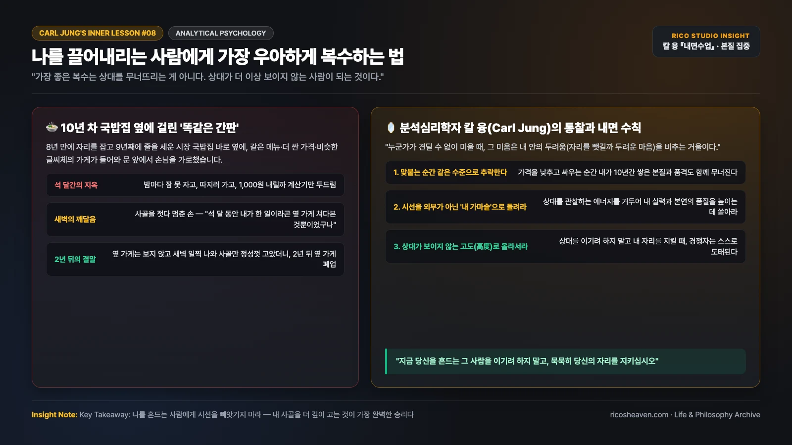 [칼 융의 내면수업] 나를 끌어내리는 사람에게 가장 우아하게 복수하는 법 — 10년 차 국밥집 주인의 지혜